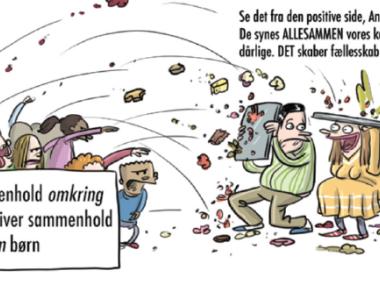 Wulff Morgentalers Ironiske illustration af samarbejdet mellem børn, de kaster kage på skolebestyrelsen - hvortil de ser det som positivt at de samarbejder om at kagen er dårlig.